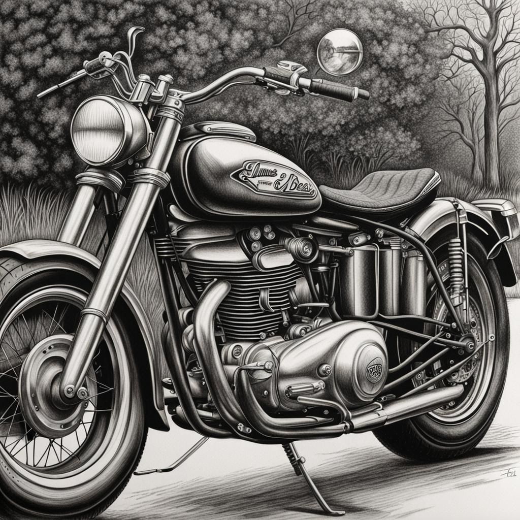 Classic Motorcycle Charcoal Drawing in 1960s Style
