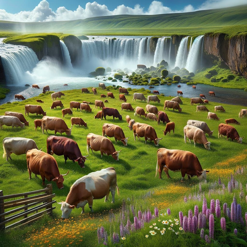 Idyllic Landscape of Grazing Cattle in a Serene Waterfall Me...