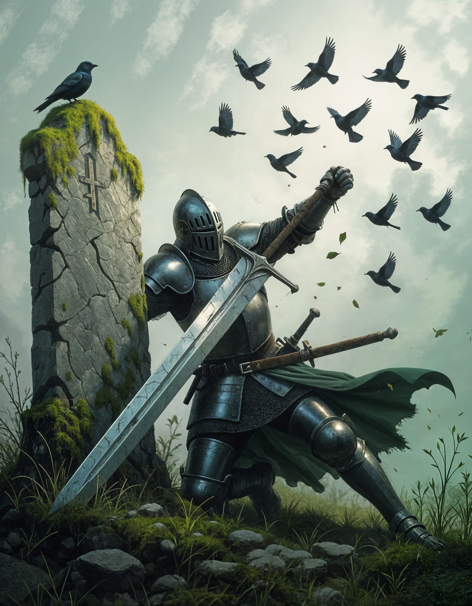 Surreal Knight Falls with Giant Broken Sword