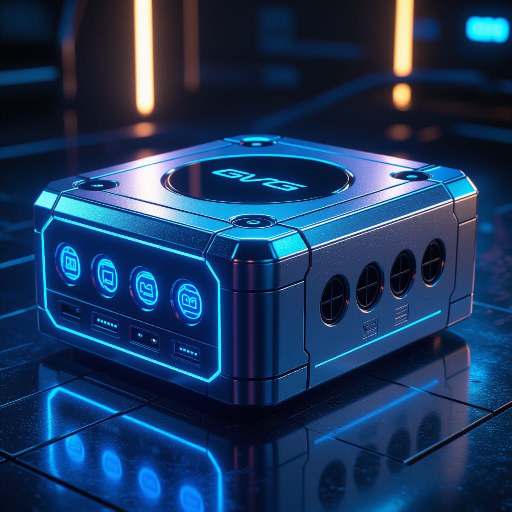 Futuristic Metallic GameCube 2 Console With Holographic Logo