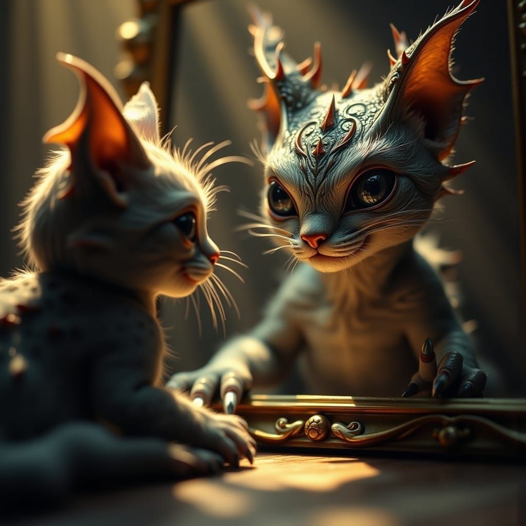 Kitten Sees Dragon Reflection: Hyperrealistic Digital Art