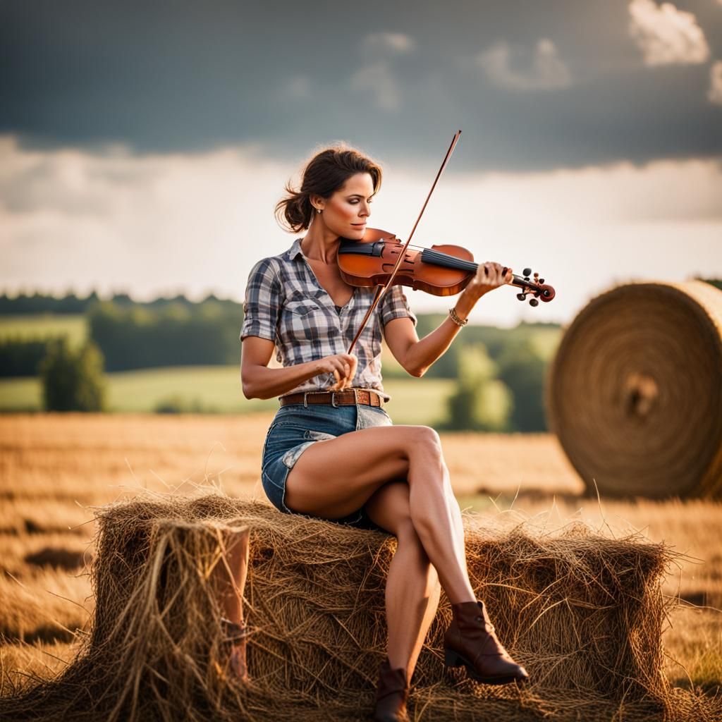 Woman Plays Violin on Hay Bale: Professional Photography