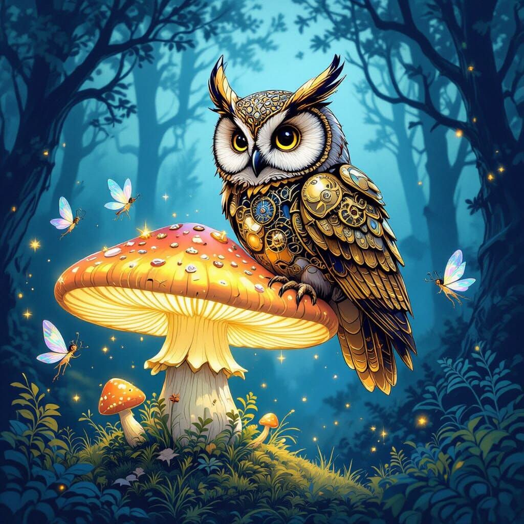 Clockwork Owl on Bioluminescent Mushroom in Enchanted Forest