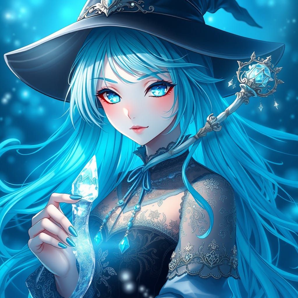 Ethereal Anime Witch with Crystal Wand and Aqua Hair