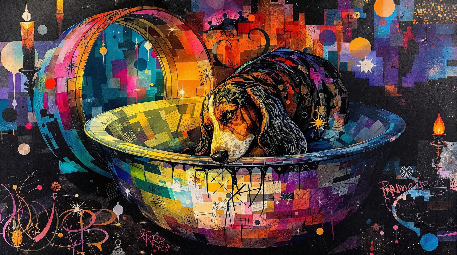 Surreal Basset Hound Digging in Bassinet - Gothic Collage