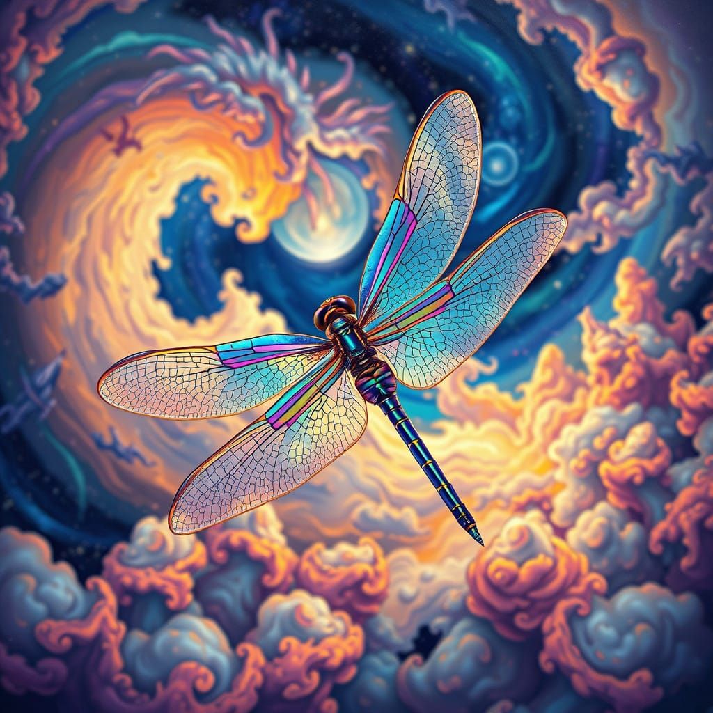 Iridescent Dragonfly in Cosmic Astral Clouds