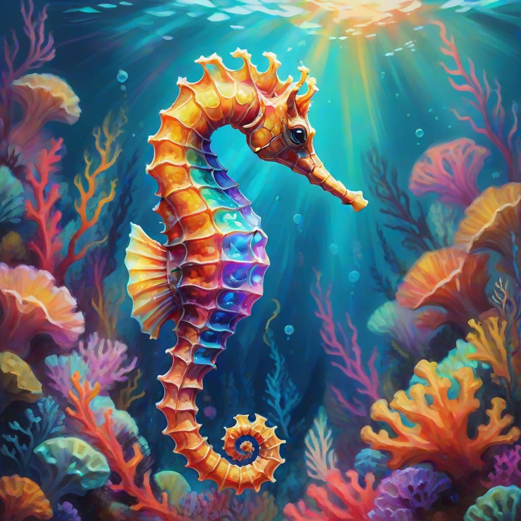 Majestic Seahorse Among Coral Reefs: Oil Painting