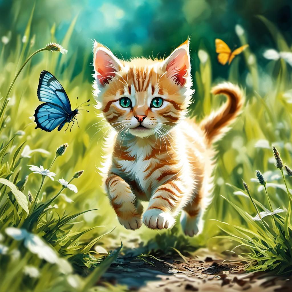 Ginger Kitten's Butterfly Chase: Watercolor Illustration