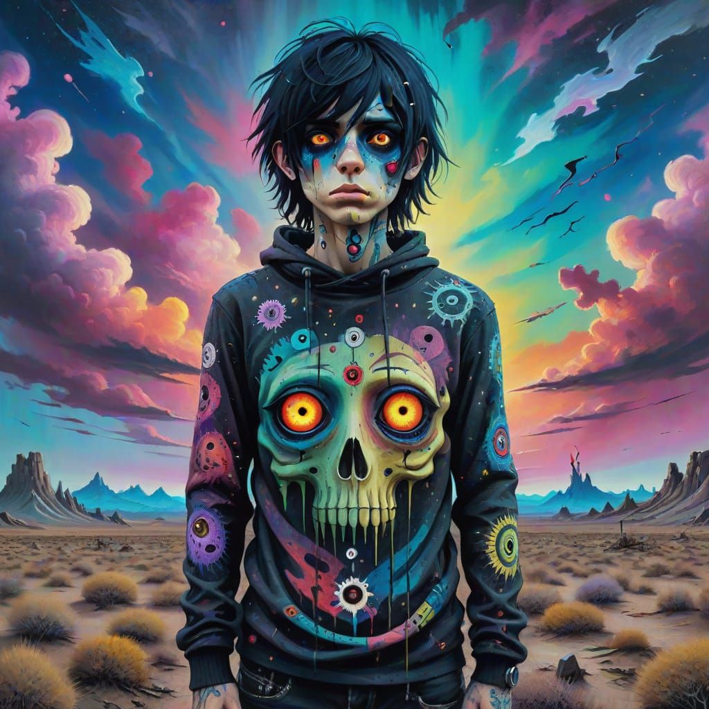 Surreal Emo Figure in Desolate Landscape: Oil Painting