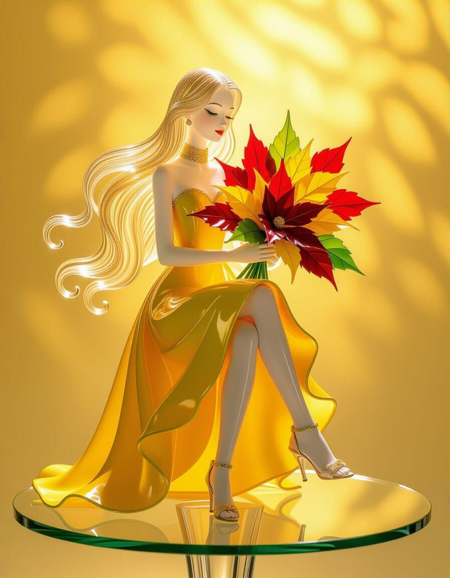 Glass Statuette of Girl in Yellow Gown with Autumn Bouquet