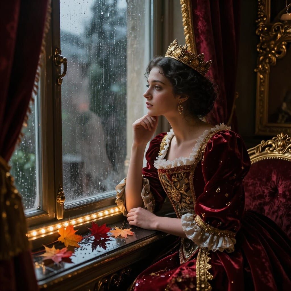Regal Melancholy: Queen Gazes from Rain-Streaked Window