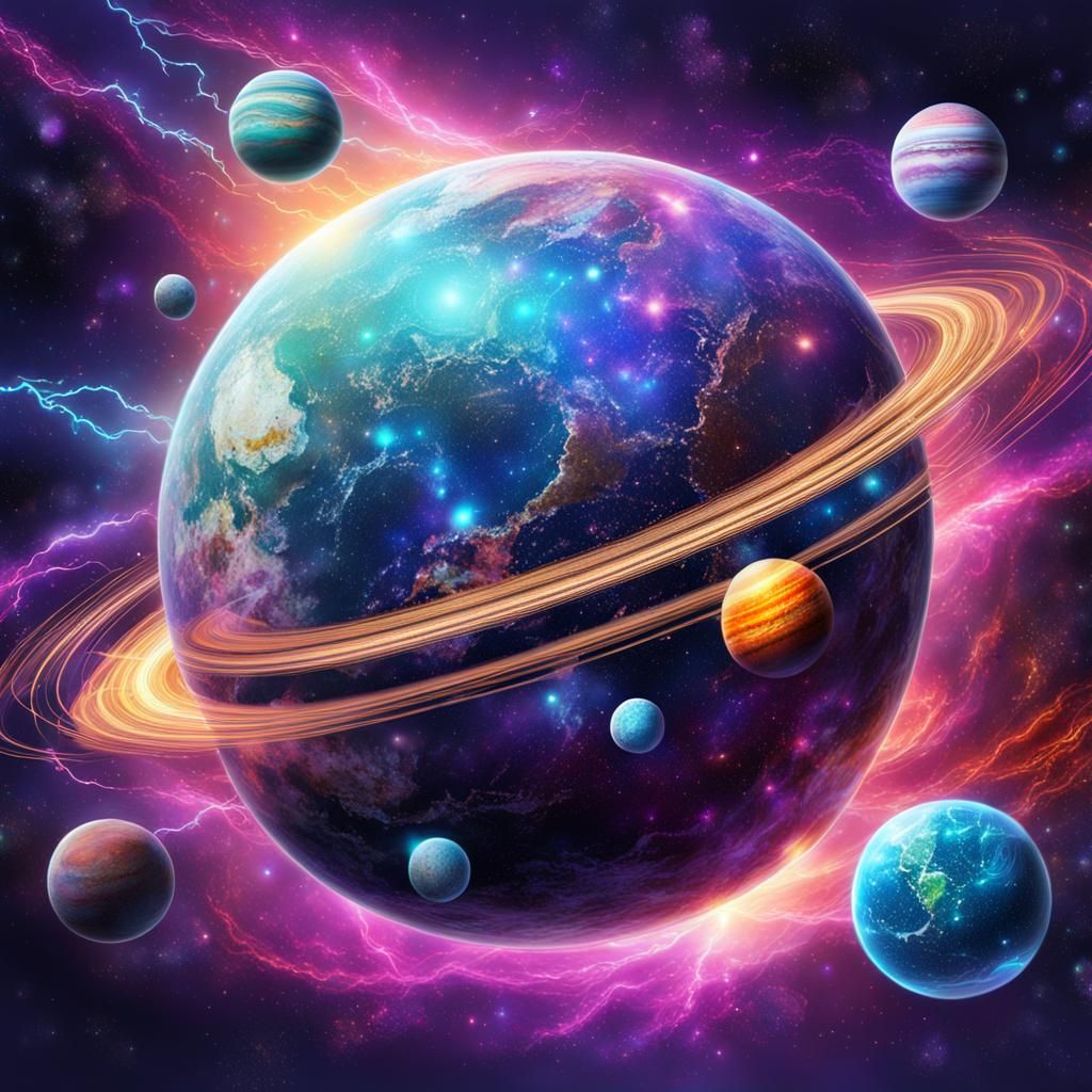Cosmic Galaxy Planets with Lightning, Holographic Illustrati...