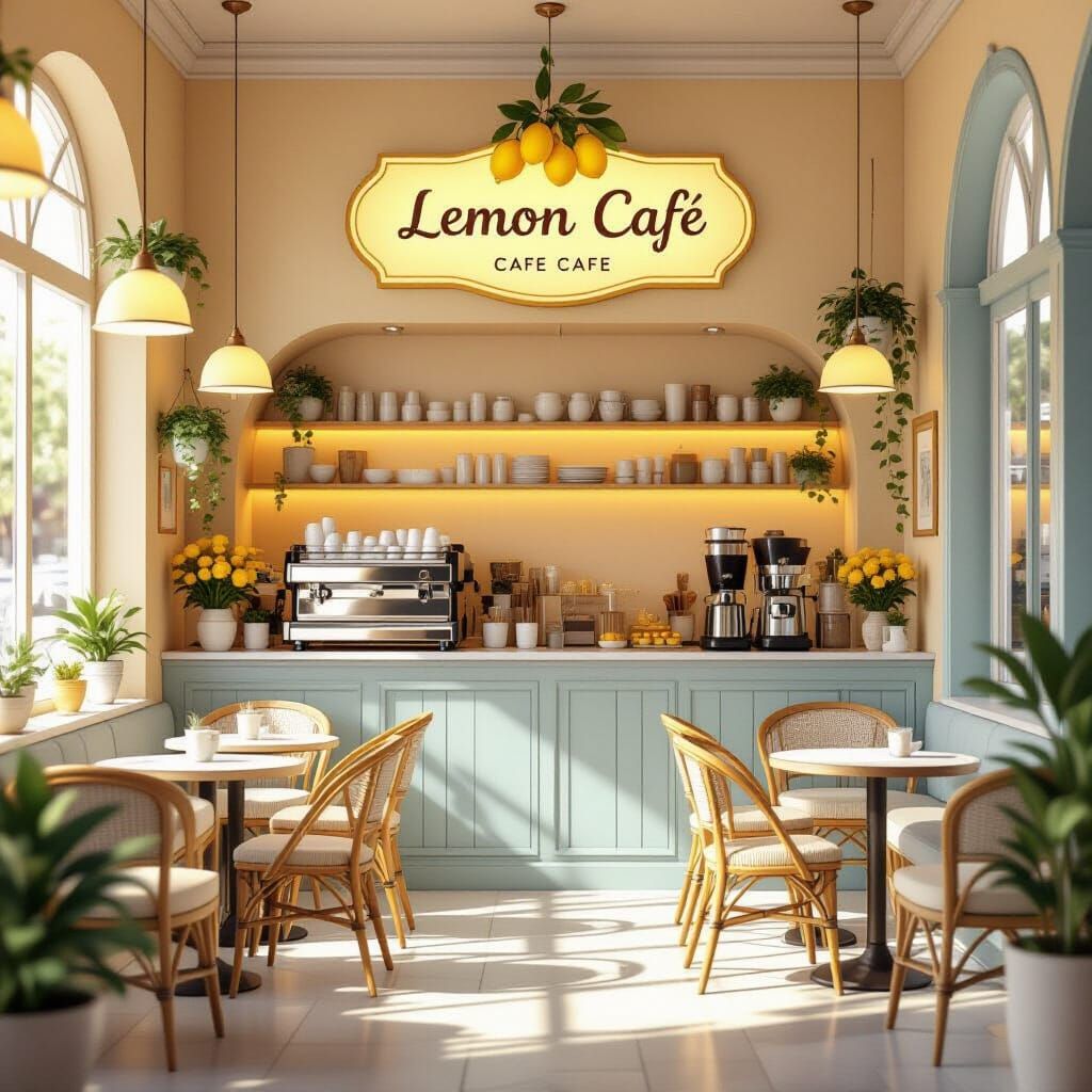 Cozy Lemon-Themed Cafe With Warm Light Blue Accents