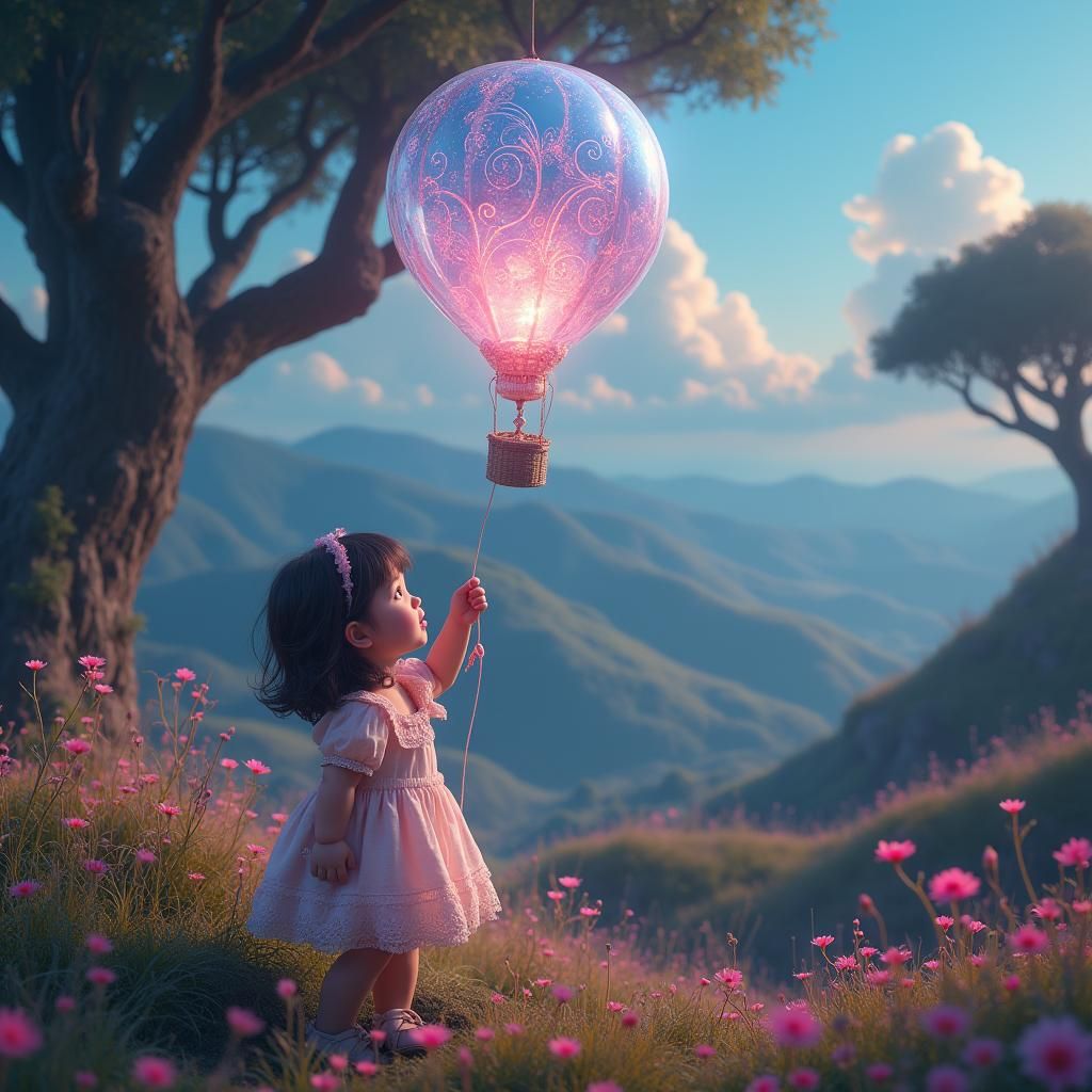 Child with Crystal Balloon in Dream Landscape