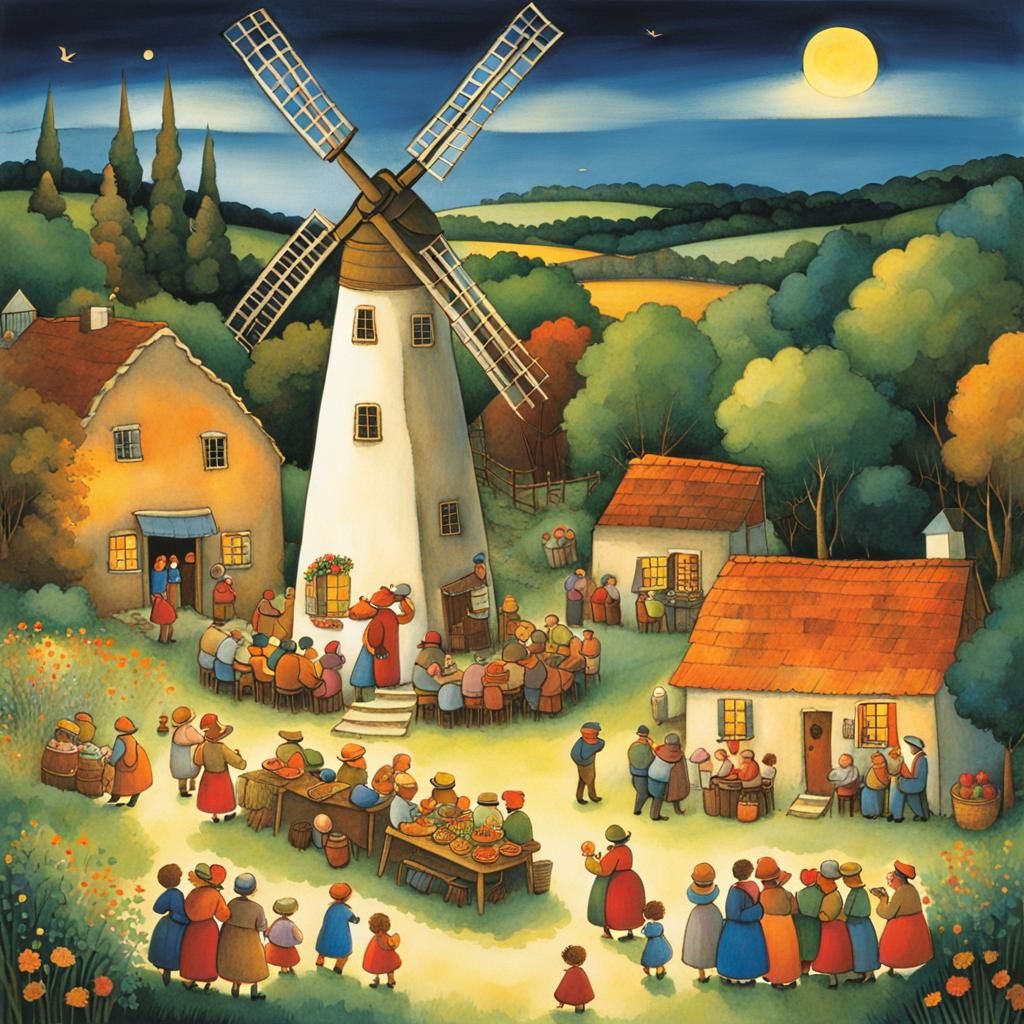Rural Party at Old Windmill Illustration