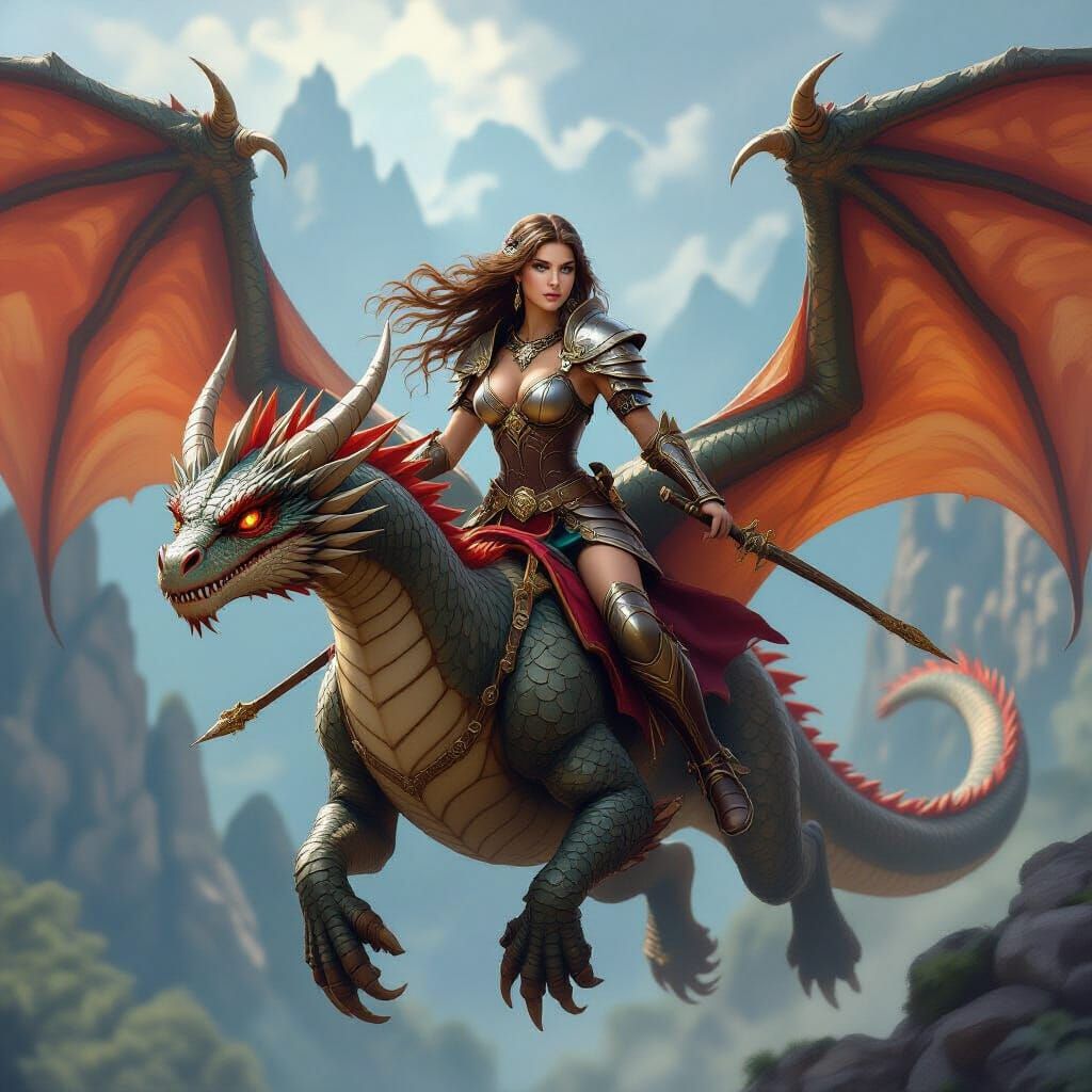 Fantasy Warrior Princess Riding a Dragon