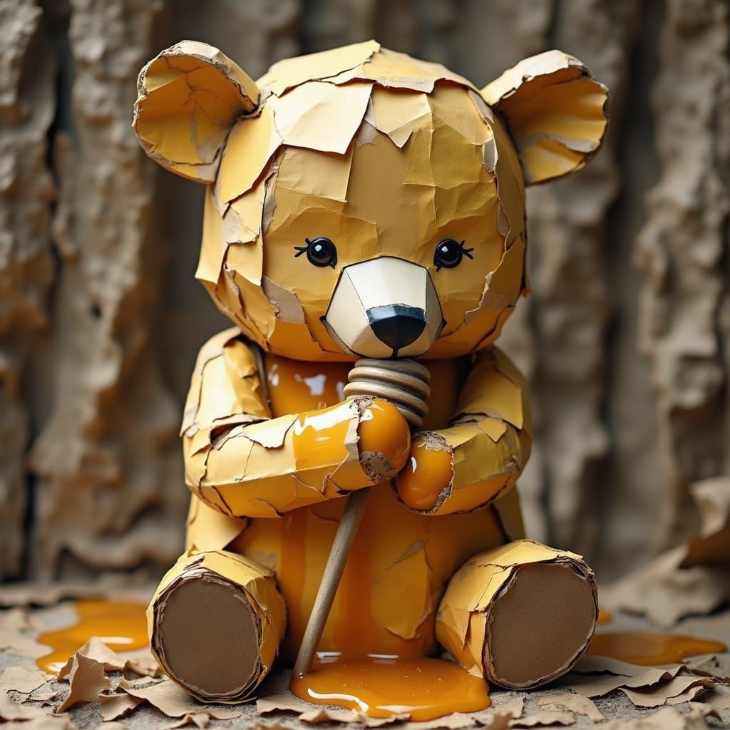 <lora:Vintage Media:0.33> paper mache bear eating honey
