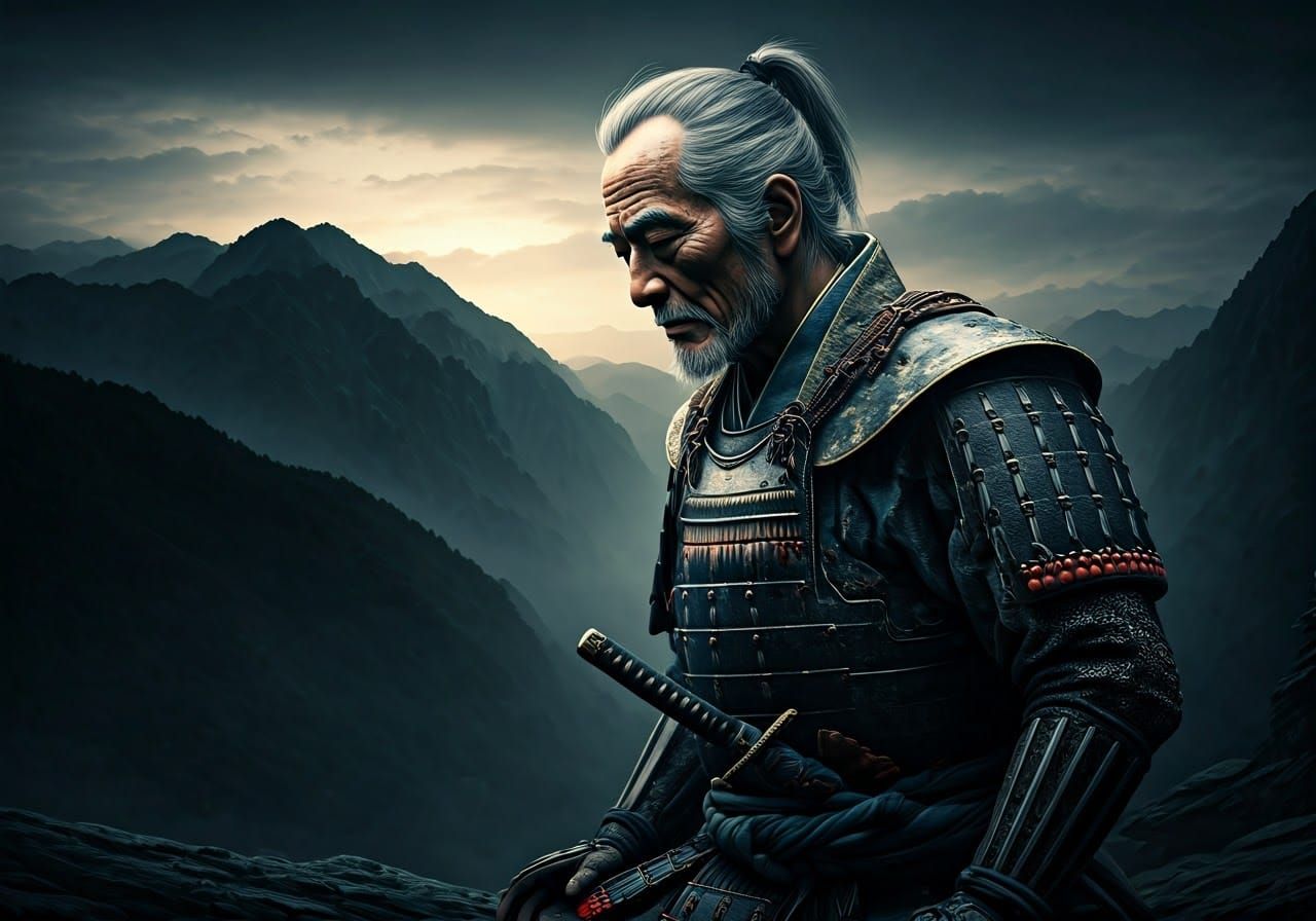 Elderly Samurai in Misty Mountains, Hyperrealistic Style