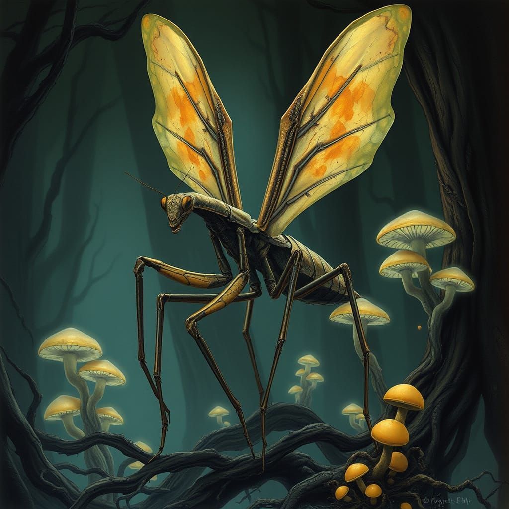 Biomechanical Praying Mantis Emerges from Dark, Misty Forest