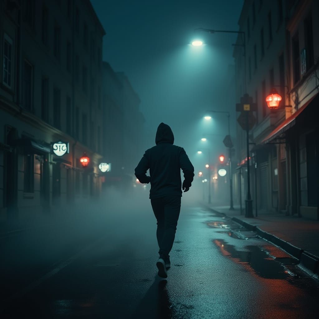 Man Jogging in Foggy Urban Nighttime