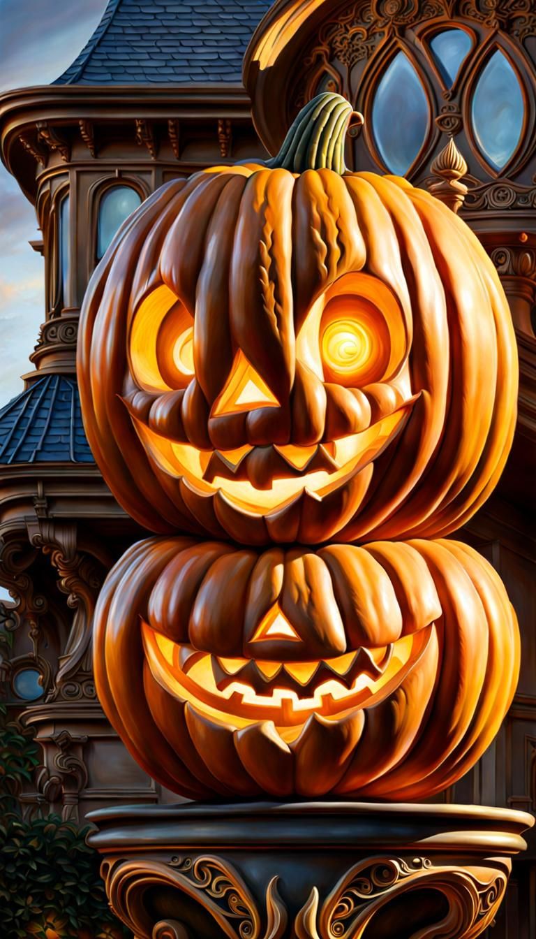 Intricately Carved Pumpkin on Gothic Porch in Golden Light