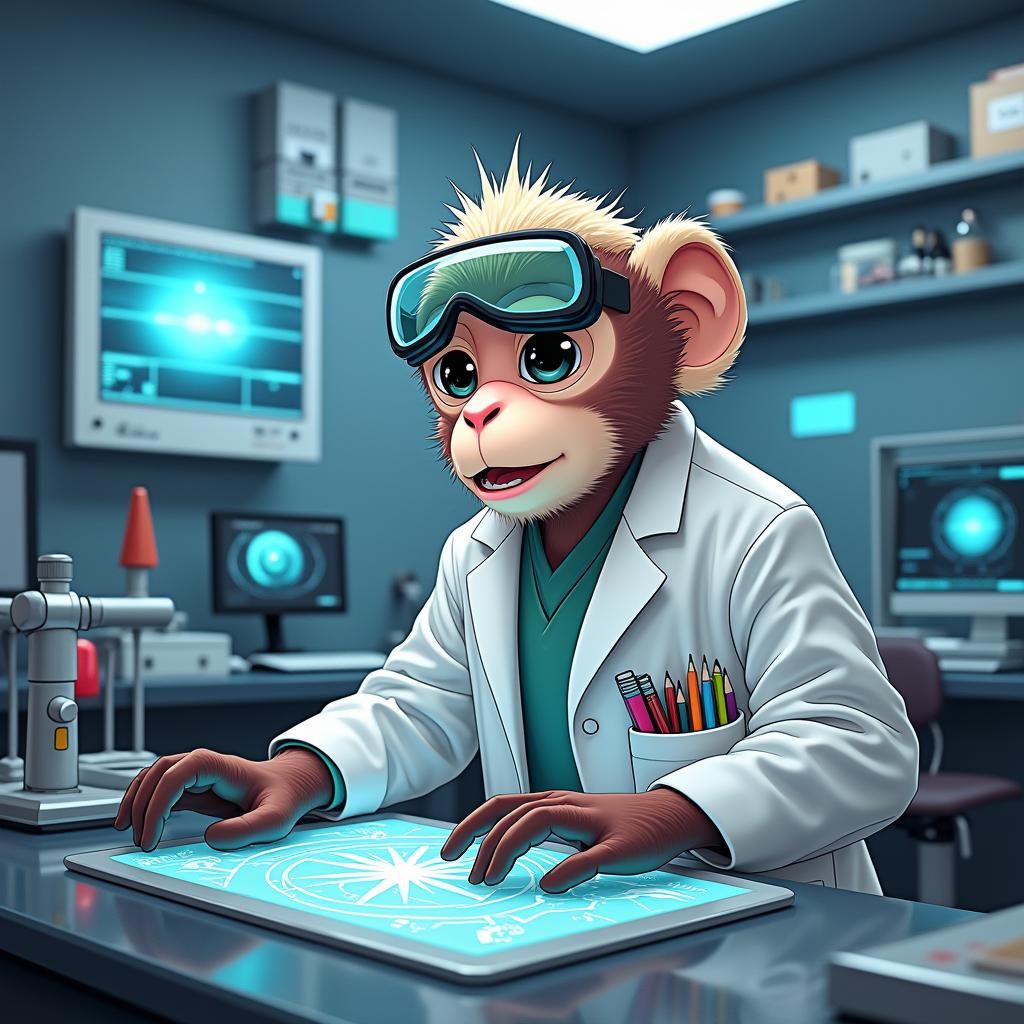 Monkey Scientist in High-Tech Laboratory, 3D Anime Art