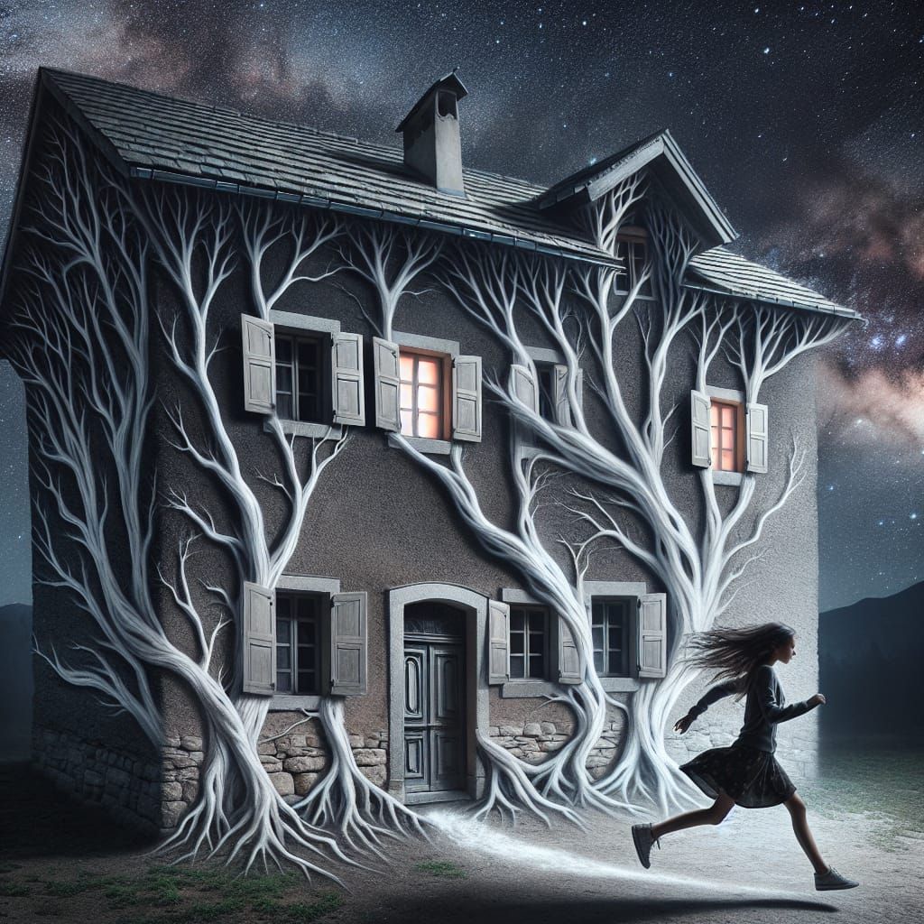 Girl Escaping House Under Starlit Sky: Surreal Dreamscape