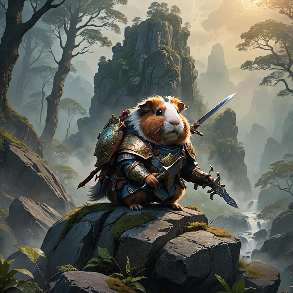 Heroic Guinea Pig Warrior in Vibrant Mystic Landscape