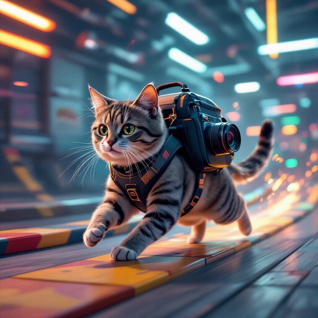 Cat Races Through Obstacle Course in Futuristic Style