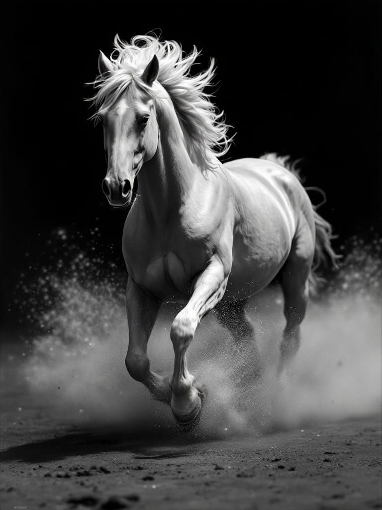 Luminous Monochrome Horse in Dramatic Film Noir Style