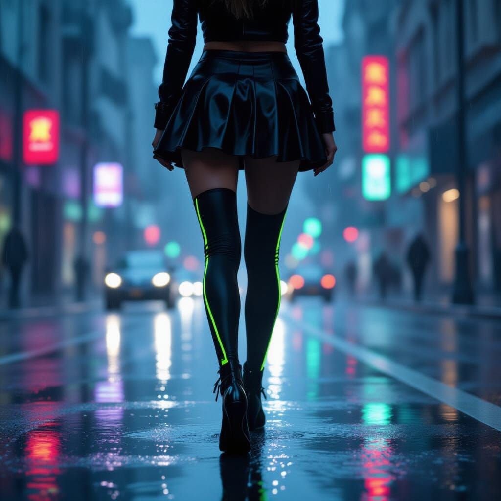 Woman in Neon Leggings Walks in Rainy Cityscape