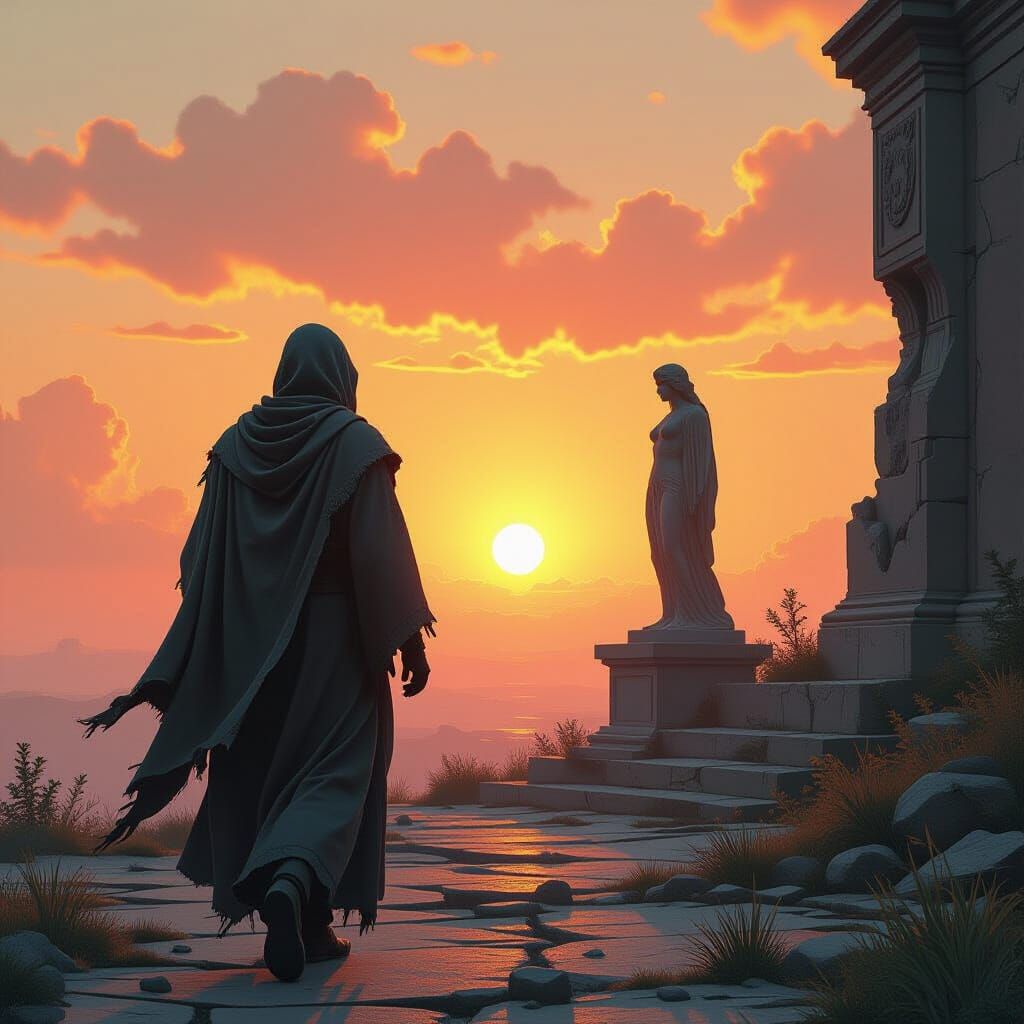 Figure Leaving Crumbling Statue at Sunrise