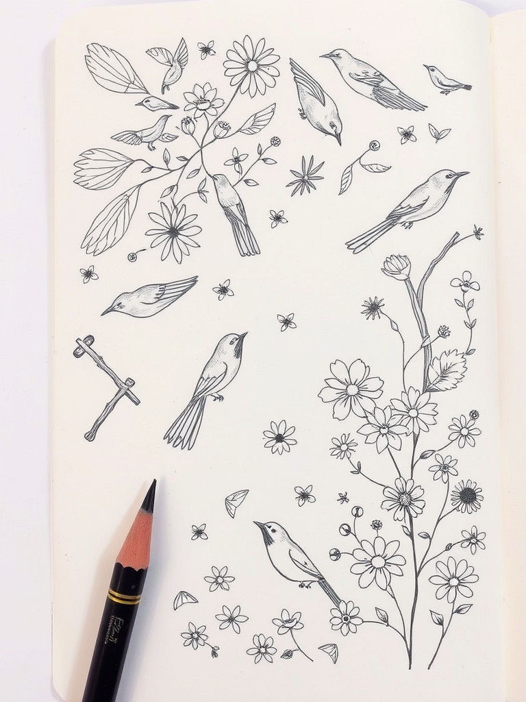 Doodle Art: Birds and Flowers in Notebook