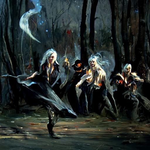 Coven of Witches Dancing in Dark Woods: Oil Painting