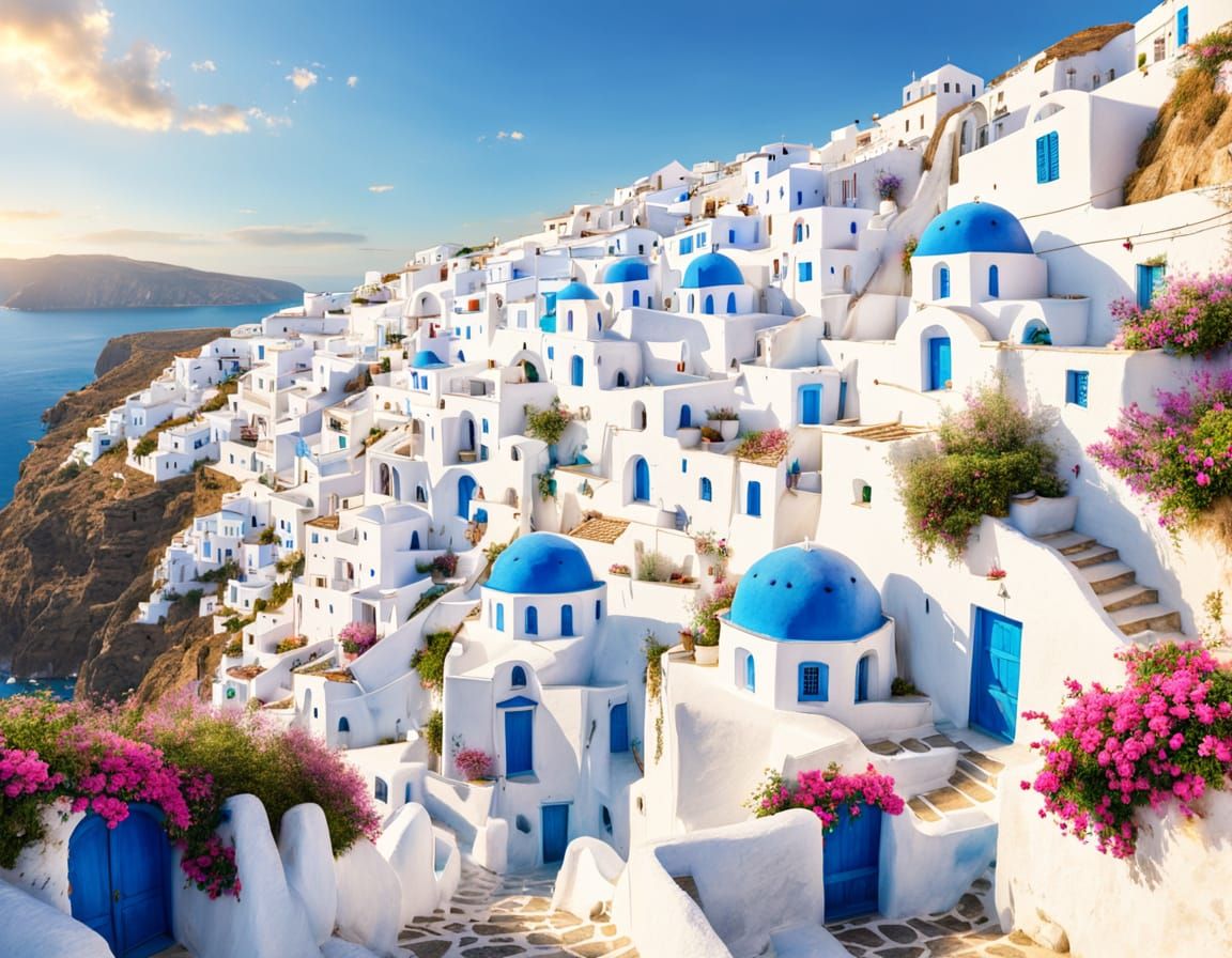 Santorini Village with Blue Domes in Watercolor Style