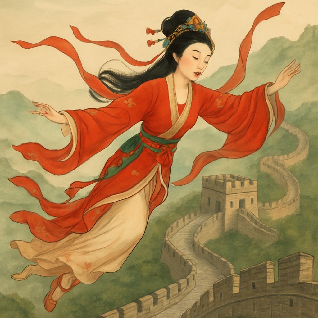 Chinese Lady Flying Down the Great Wall