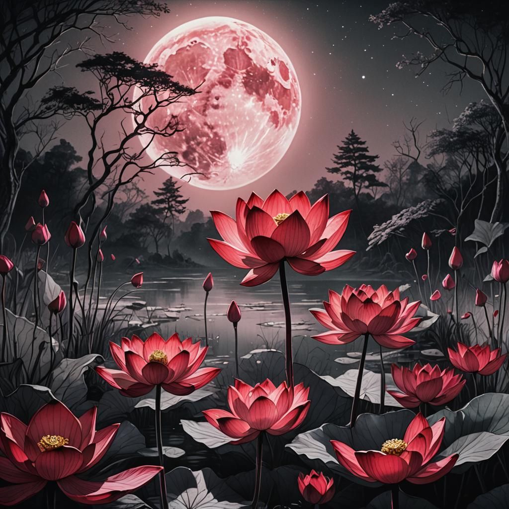 Glowing Ruby Lotus Under Pale Moonlight