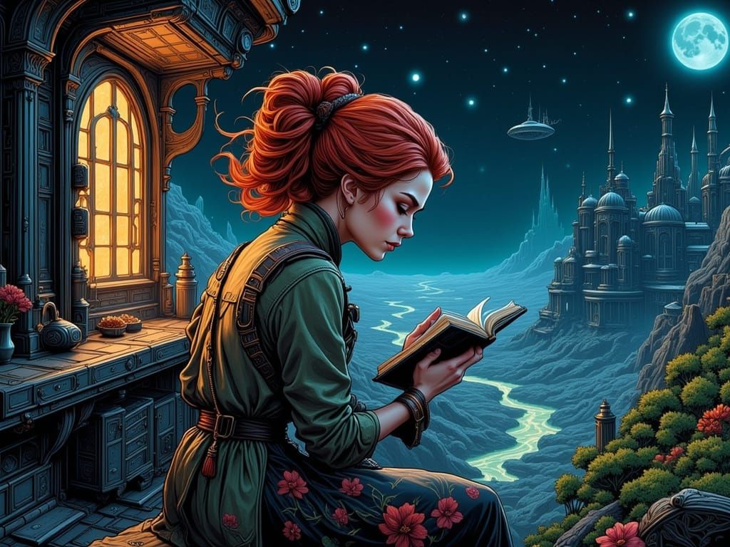 Woman Reads on Alien Balcony Under Bioluminescent Moon