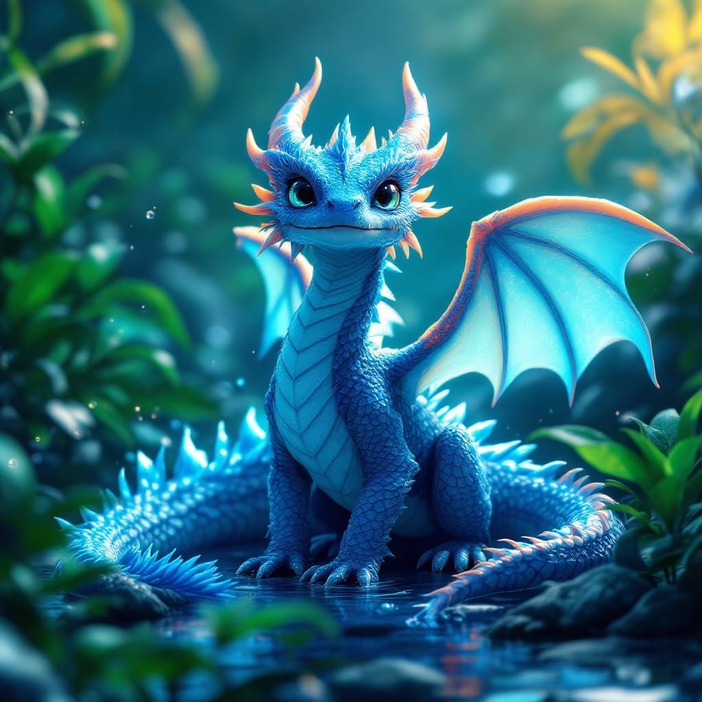 Majestic Water Elemental Baby Dragon in Matte Painting Style