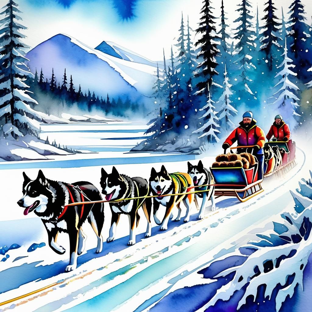 Dog Sled Racing Through Arctic Wilderness in Watercolor