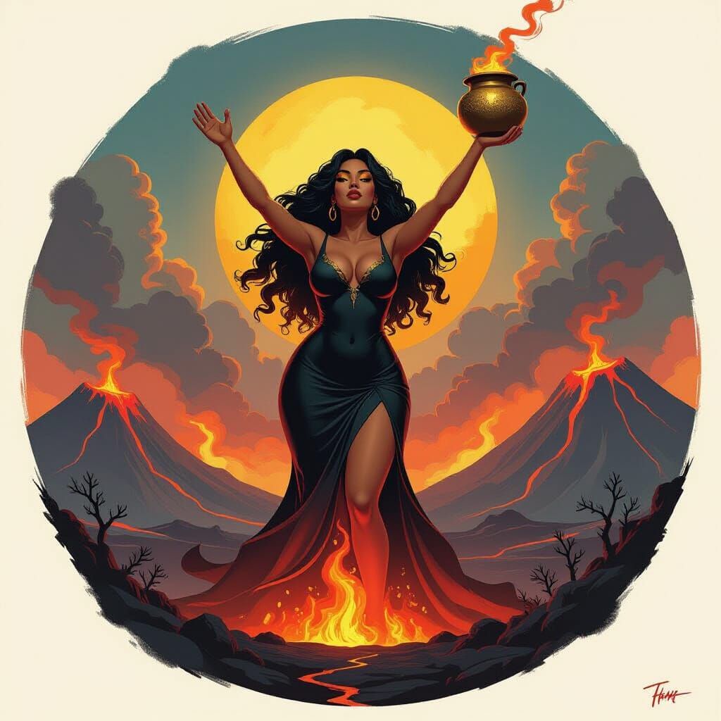 Volcanic Goddess Triumphant: A Tonalist Airbrush Art