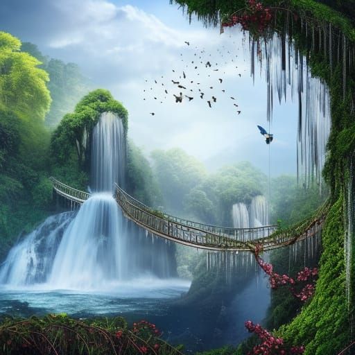 Waterfall Bridge with Vines in a Dramatic Digital Painting