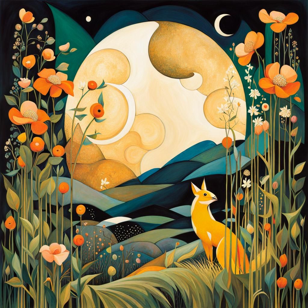 Owl, Moon, and Lotus in Art Nouveau Style