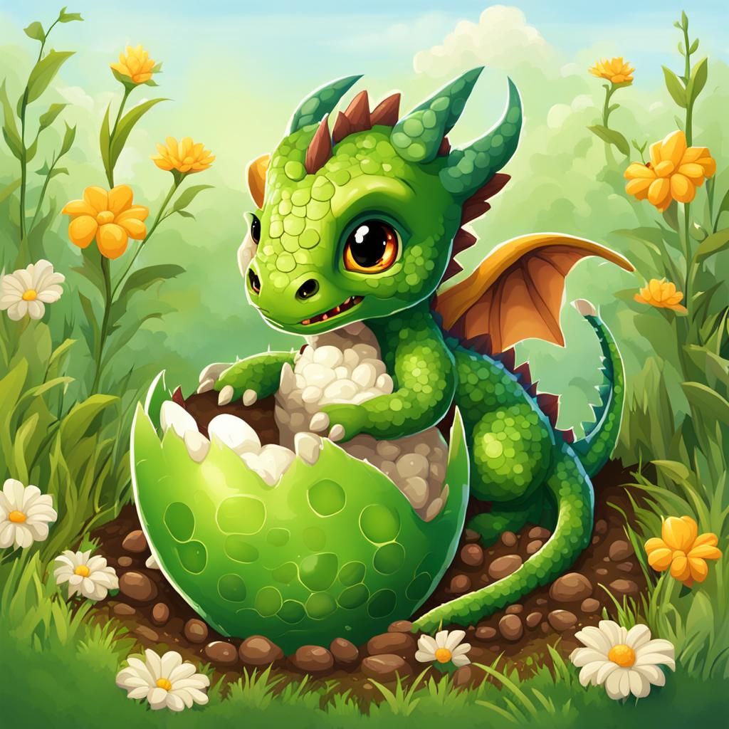 Cute Baby Dragon Hatching in Sunny Meadow