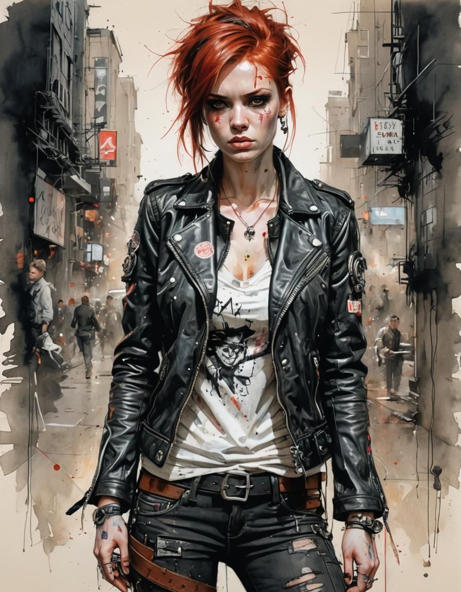 Provocative Redhead Punk Woman in Pencil Sketch Style