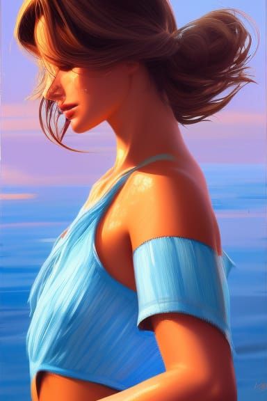 A thoughtful, pretty, slim brunette strolling along the beach