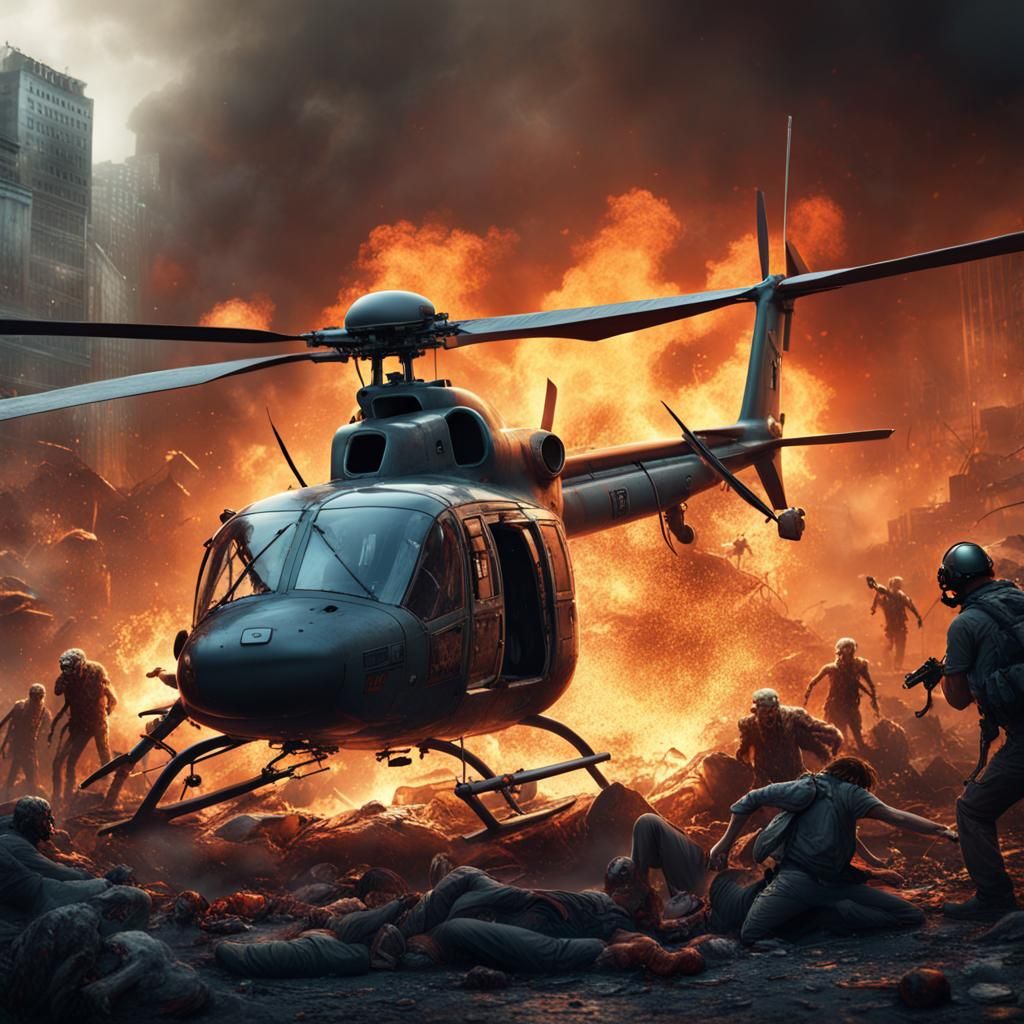 Crashed Helicopter and Zombies in Matte Painting