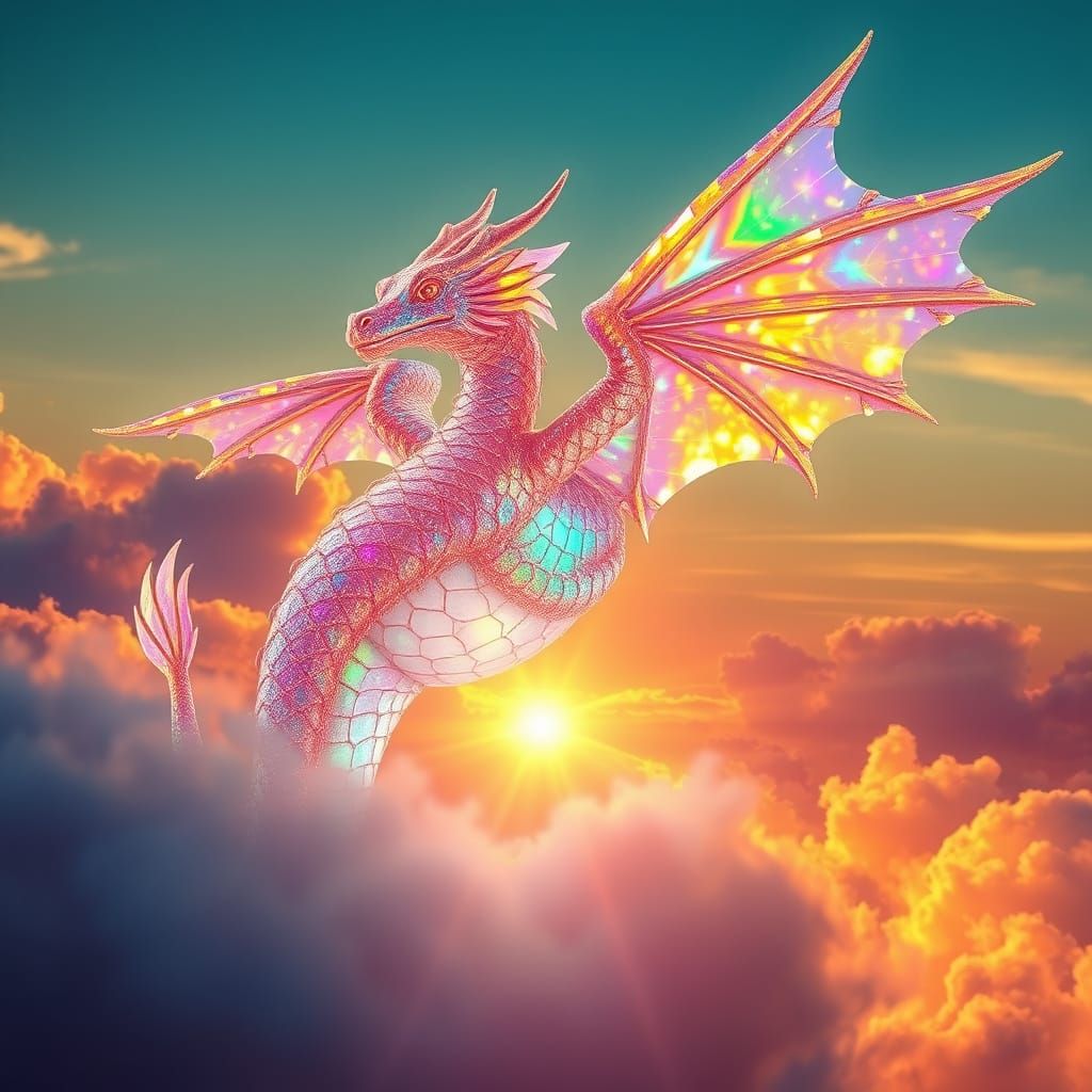 Iridescent Crystal Dragon Soaring at Dawn