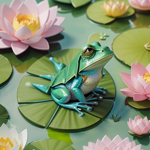 Whimsical Frog in Lotus Pond Fantasy Illustration