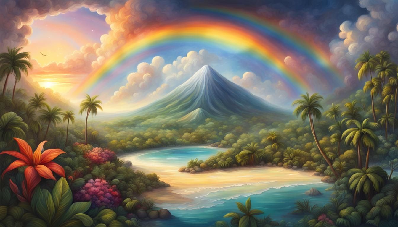 Tropical Island Volcano Rainbow Artstation Painting